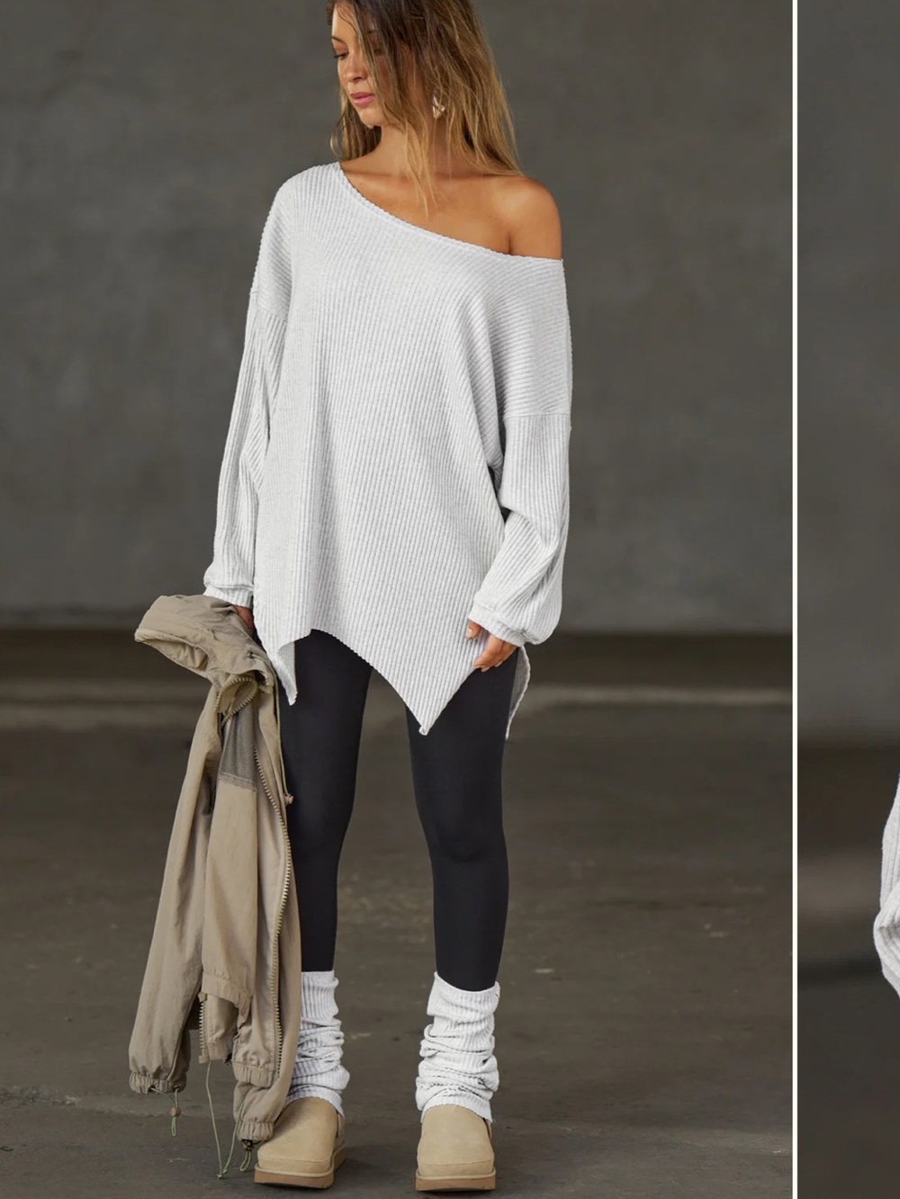 Joah Brown Off Shoulder Tunic rib knit pearl grey luxe knit long sleeve shirt - Picture 3 of 8